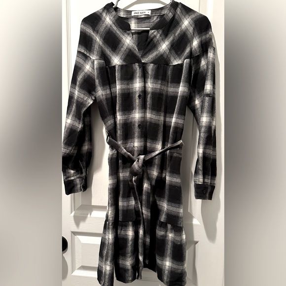 Grace Karin Women's Roll Up Sleeve Button Down Buffalo Plaid Shirt Dress w Belt - Picture 3 of 9